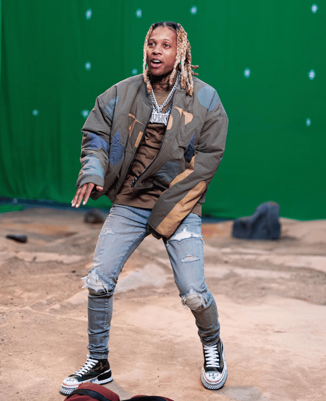 Lil Durk: Digi Bomber Jacket And Pattern Print High Top Sneakers - Iconic  Celebrity Outfits